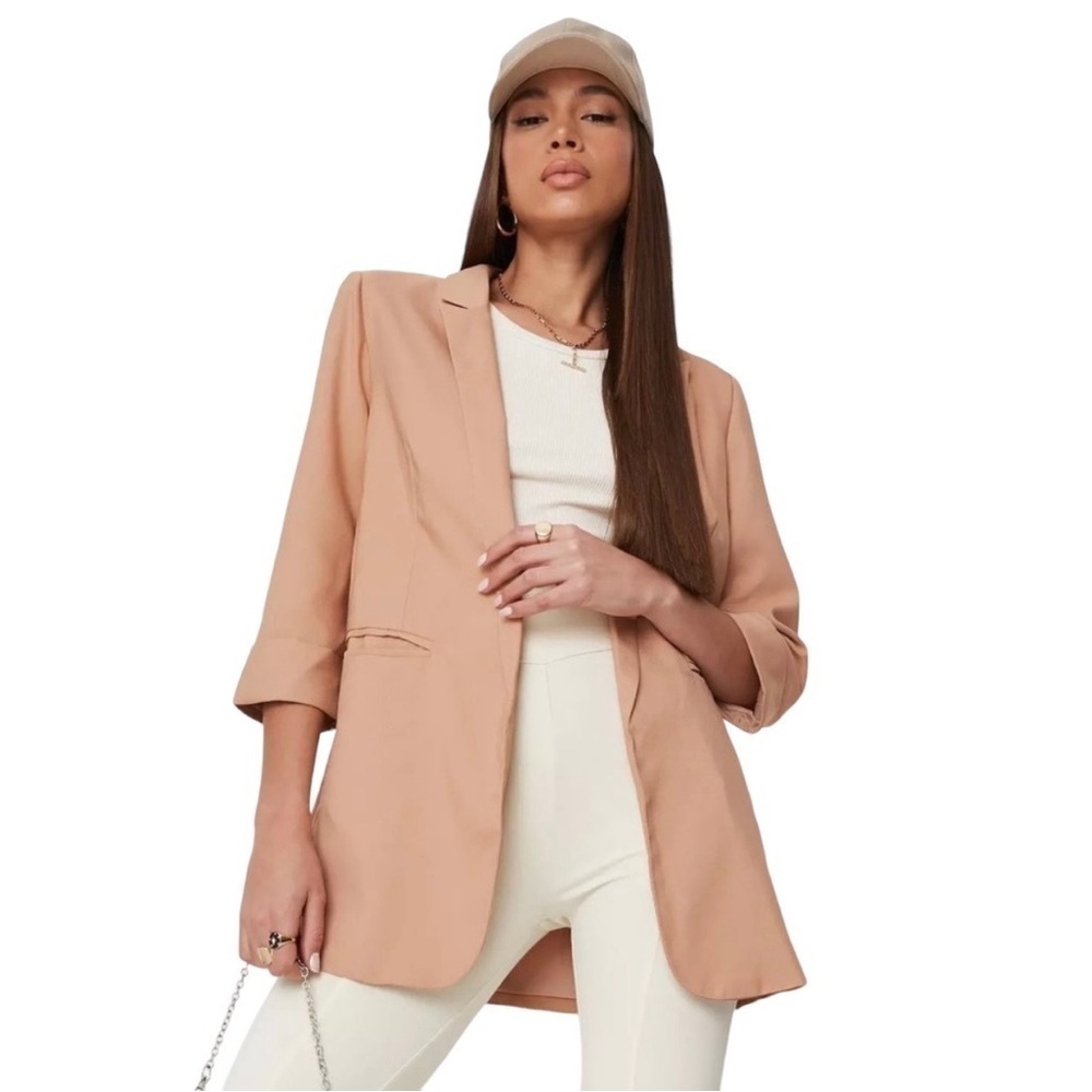Missguided Oversized Boyfriend Camel Colored Fully Lined Open Front Blazer - Picture 2 of 15